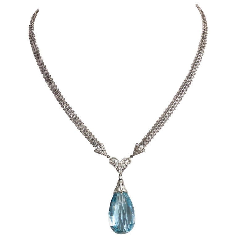 35 Carat Vintage Briolette Aquamarine and Diamond Necklace For Sale at ...