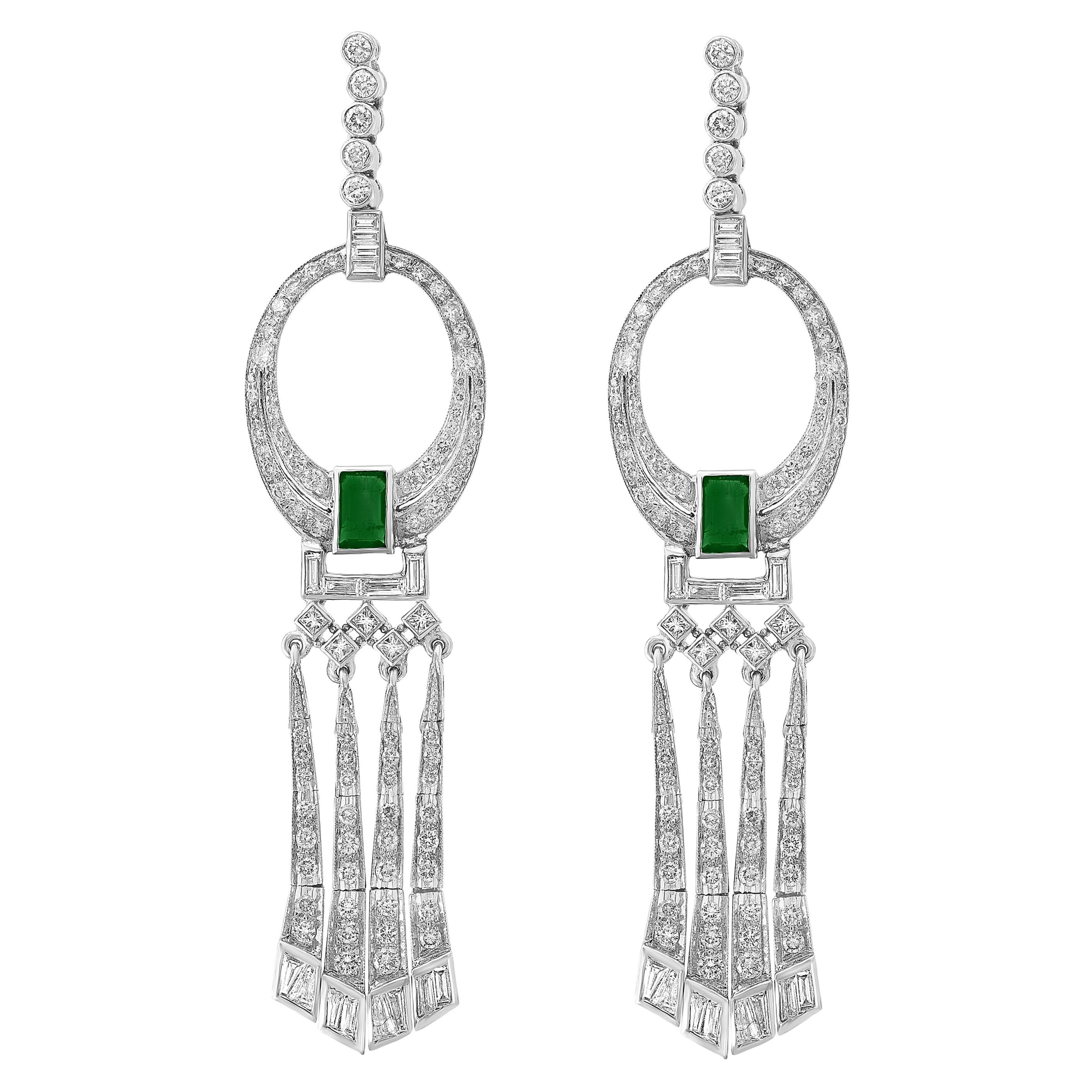2 Carat Colombian Emerald Cut Emerald Diamond  Drop / Cocktail Earrings Platinum