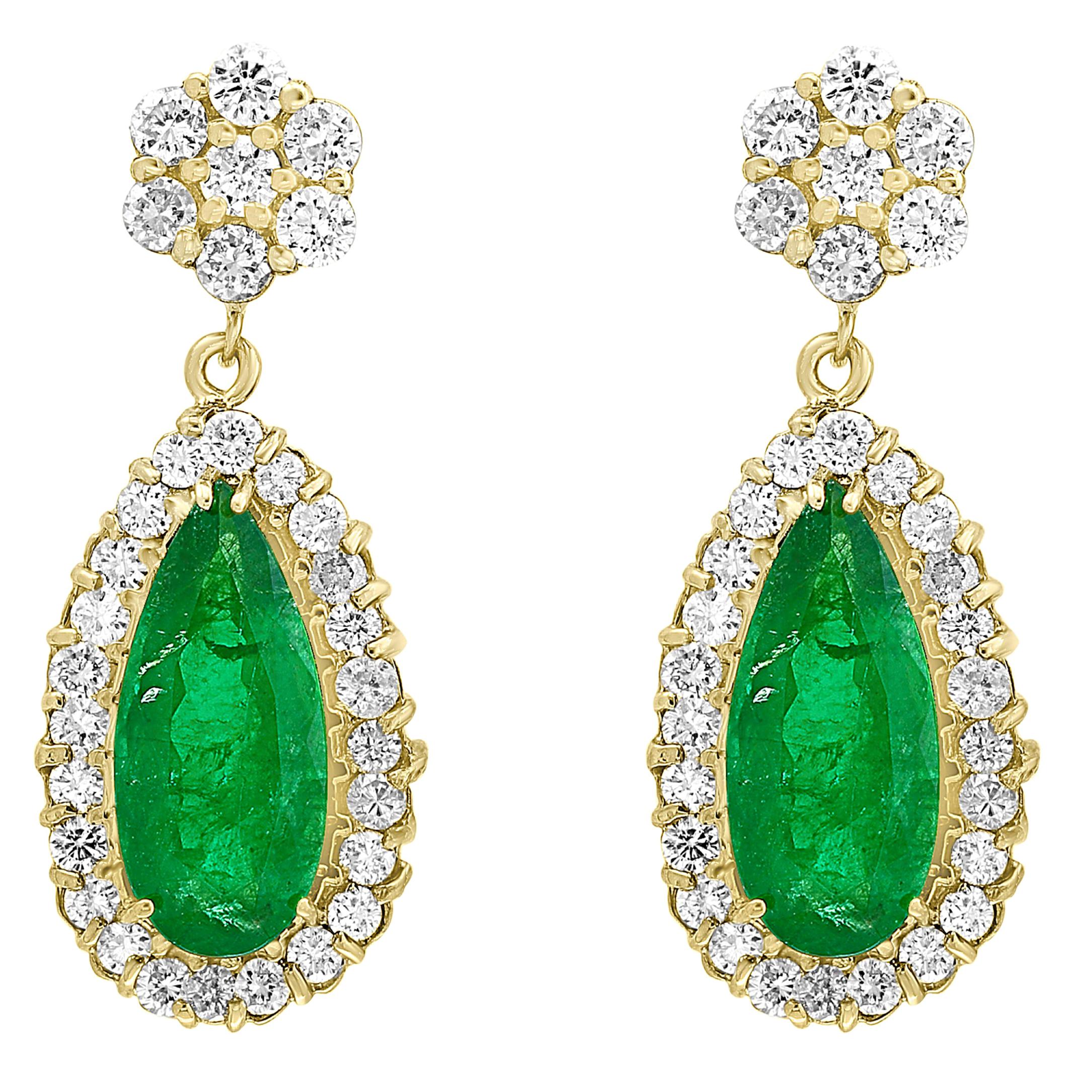 11 Carat Colombian Pear Shape Emerald Diamond Hanging /Drop Earrings 14Kt Gold