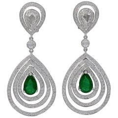 GIA Certified 4.2Ct Zambian Pear Emerald Diamond Hanging/ Drop Earrings 18K Gold