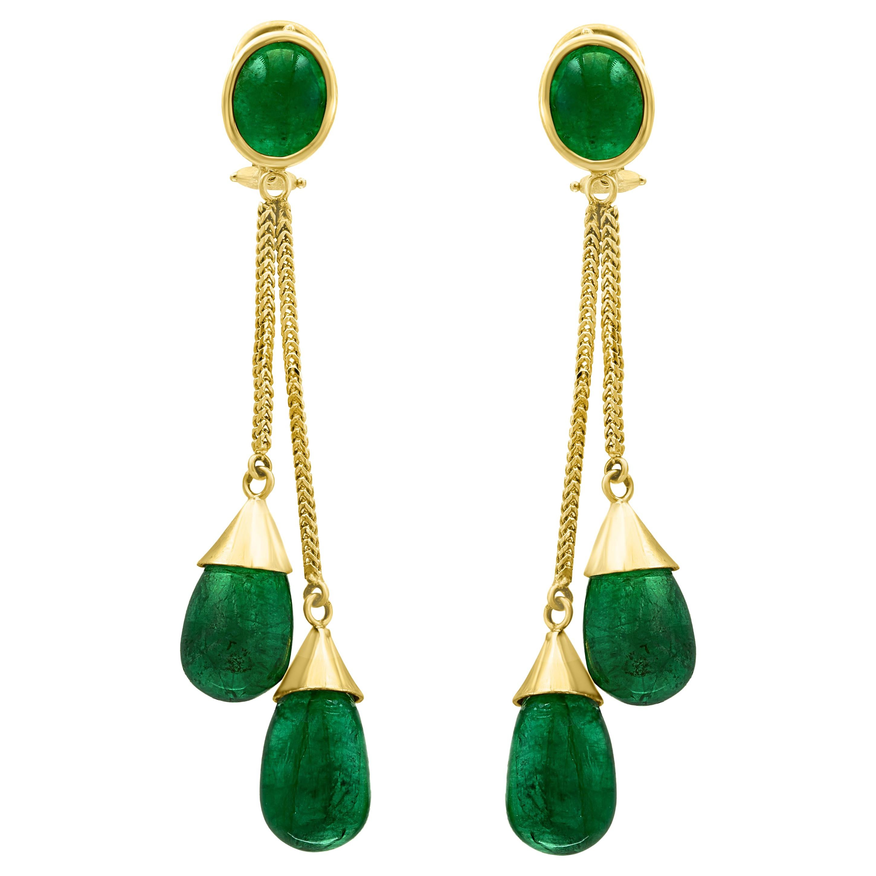 45 Carat Emerald  Cabochon Drops Hanging/Drop Earrings 18 Karat Yellow Gold