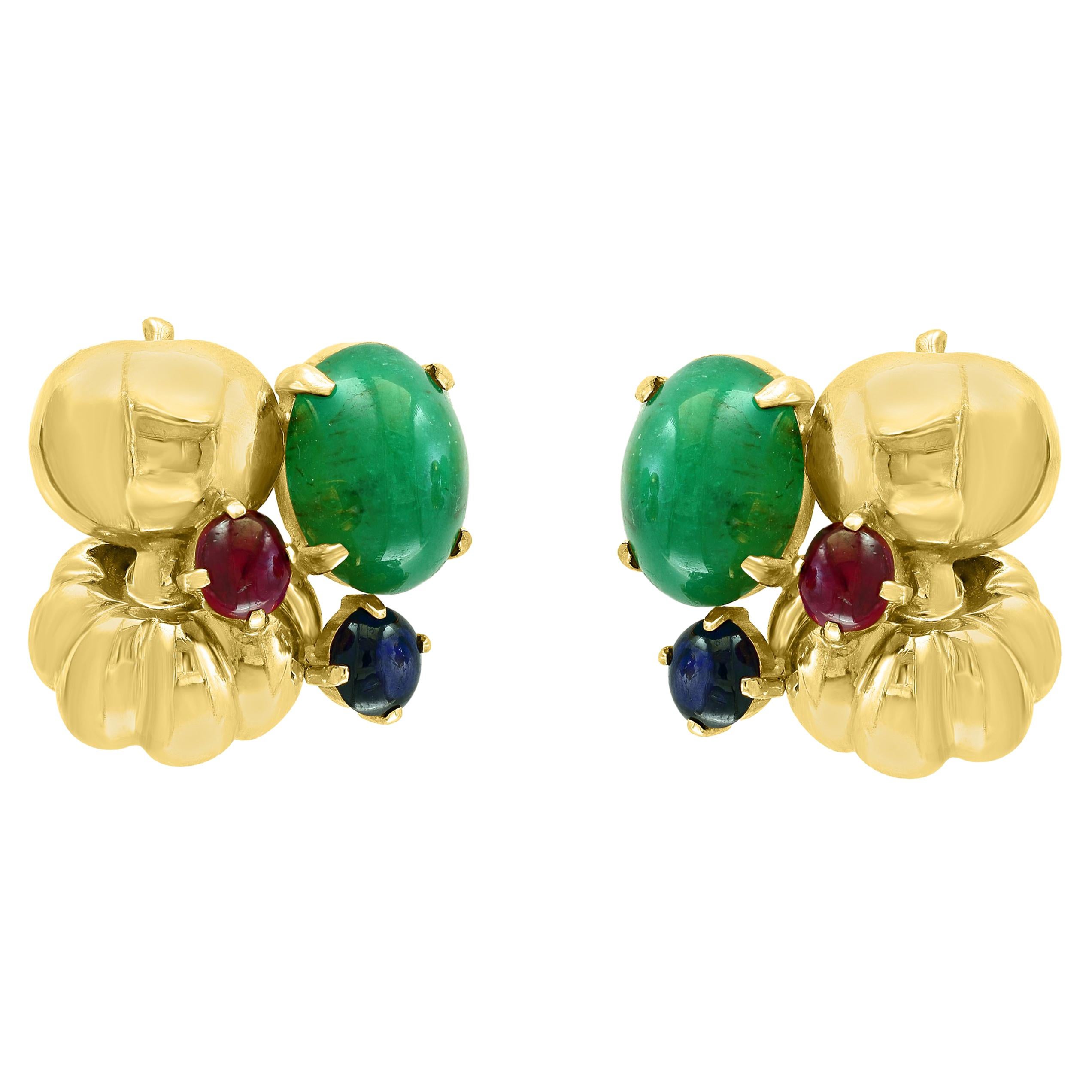 12 Carat Cabochon Emerald Diamond Clip Earrings 14 Karat Yellow Gold, Estate For Sale