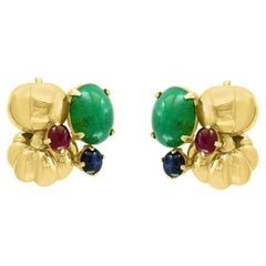 Pendientes de clip con diamante esmeralda cabujón de 12 quilates, oro amarillo de 14 quilates, finca