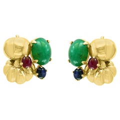 Vintage 12 Carat Cabochon Emerald Diamond Clip Earrings 14 Karat Yellow Gold, Estate