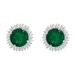 11 Carat Round Emerald and Diamond Stud Earrings 14 Karat White Gold