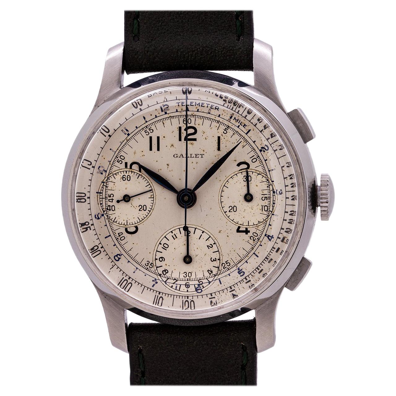 Gallet 3 Registers Chronograph Valjoux 71, circa 1940s For Sale