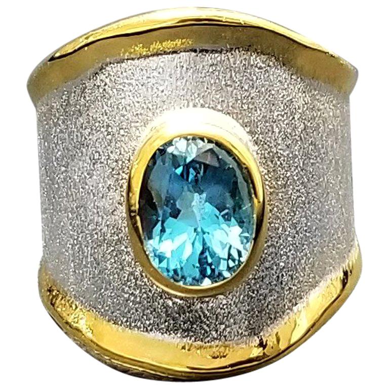 Yianni Creations 1.60 Carat Blue Topaz Ring in Fine Silver and 24 Karat Gold