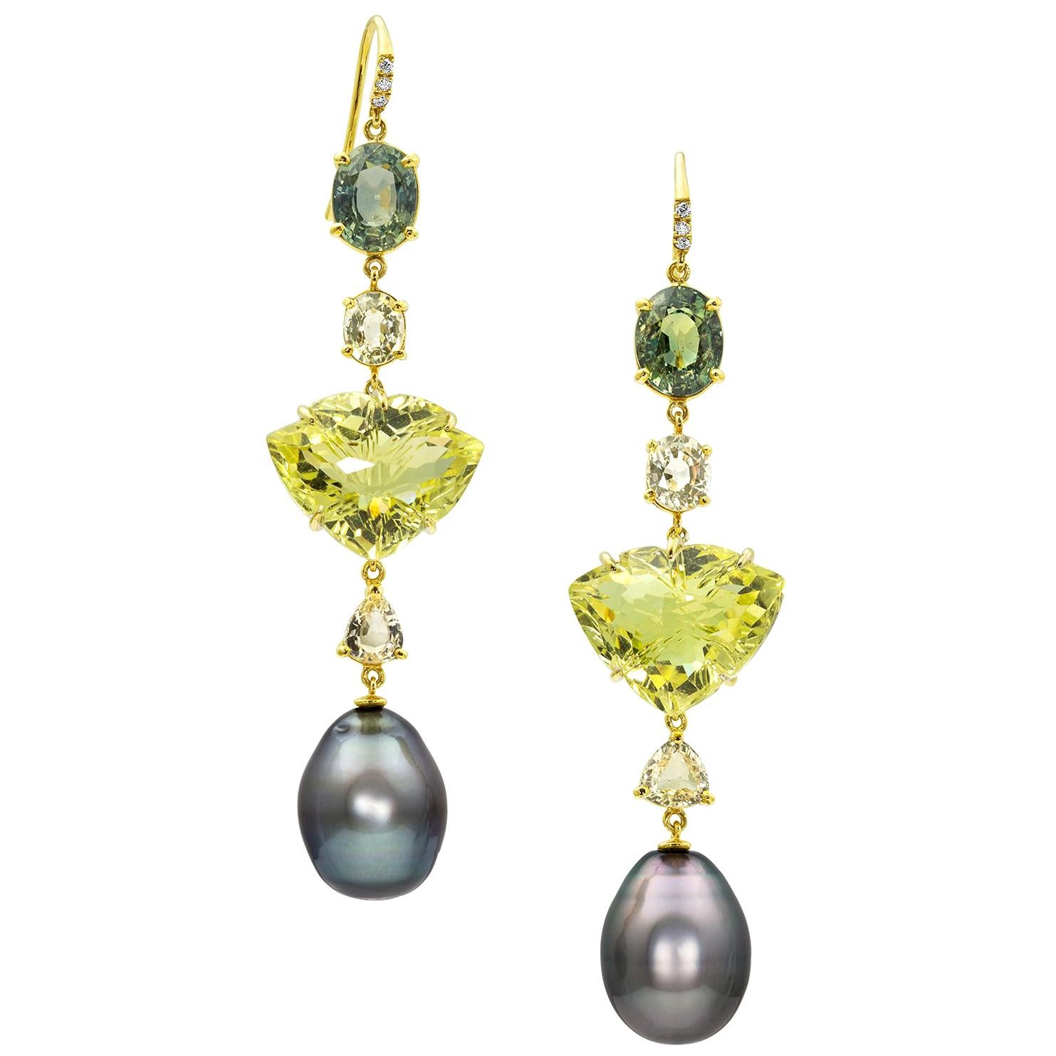 Joon Han South Sea Tahitian Pearl Quartz Sapphire Tourmaline Diamond Earrings