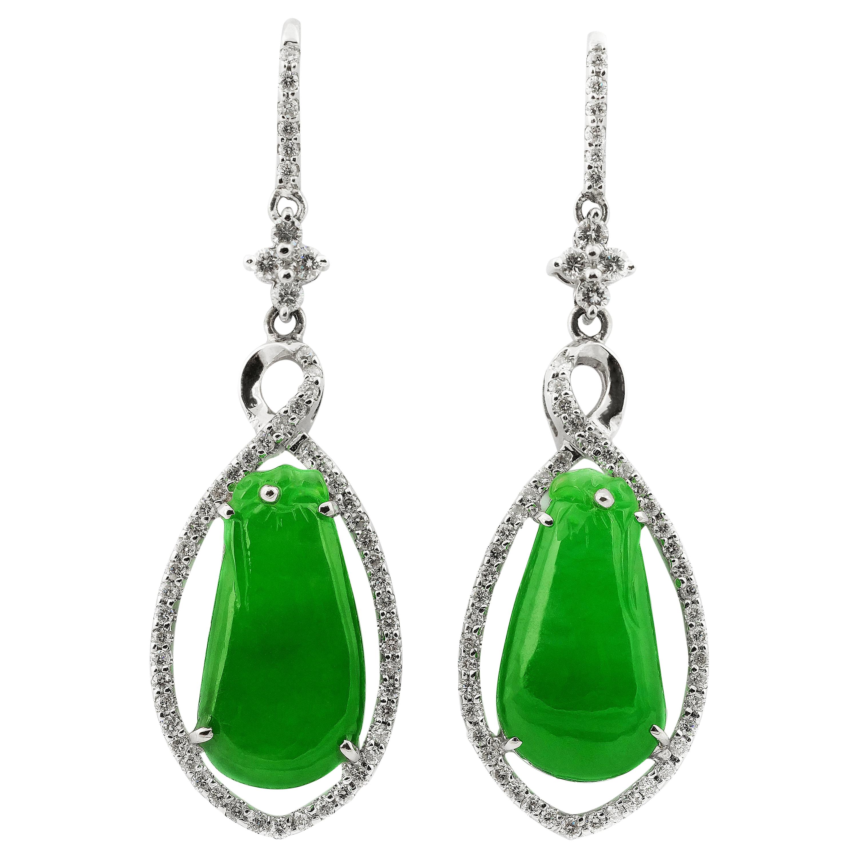 Certified Jadeite Jade Natural Untreated, Pear Shape  & Diamond Drop Earrings