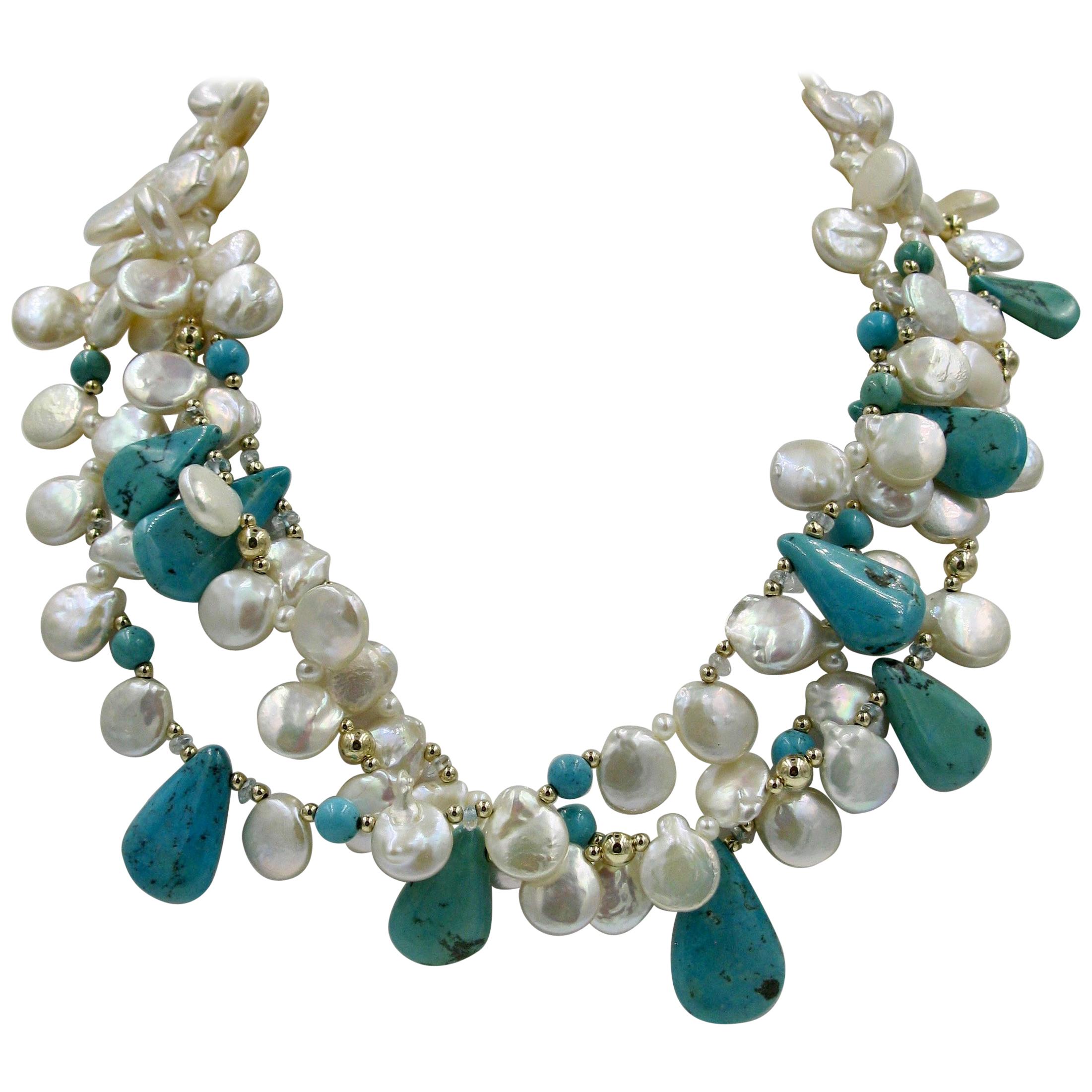 Turquoise Keshi Pearl 14 Karat Gold Necklace Triple Strand