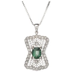 Vintage Green Tourmaline Diamond Pendant Necklace 14 Karat Gold Estate Jewelry
