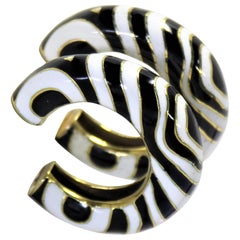 18 Karat Gold and Enamel Zebra Striped Clip on Hoop Earrings