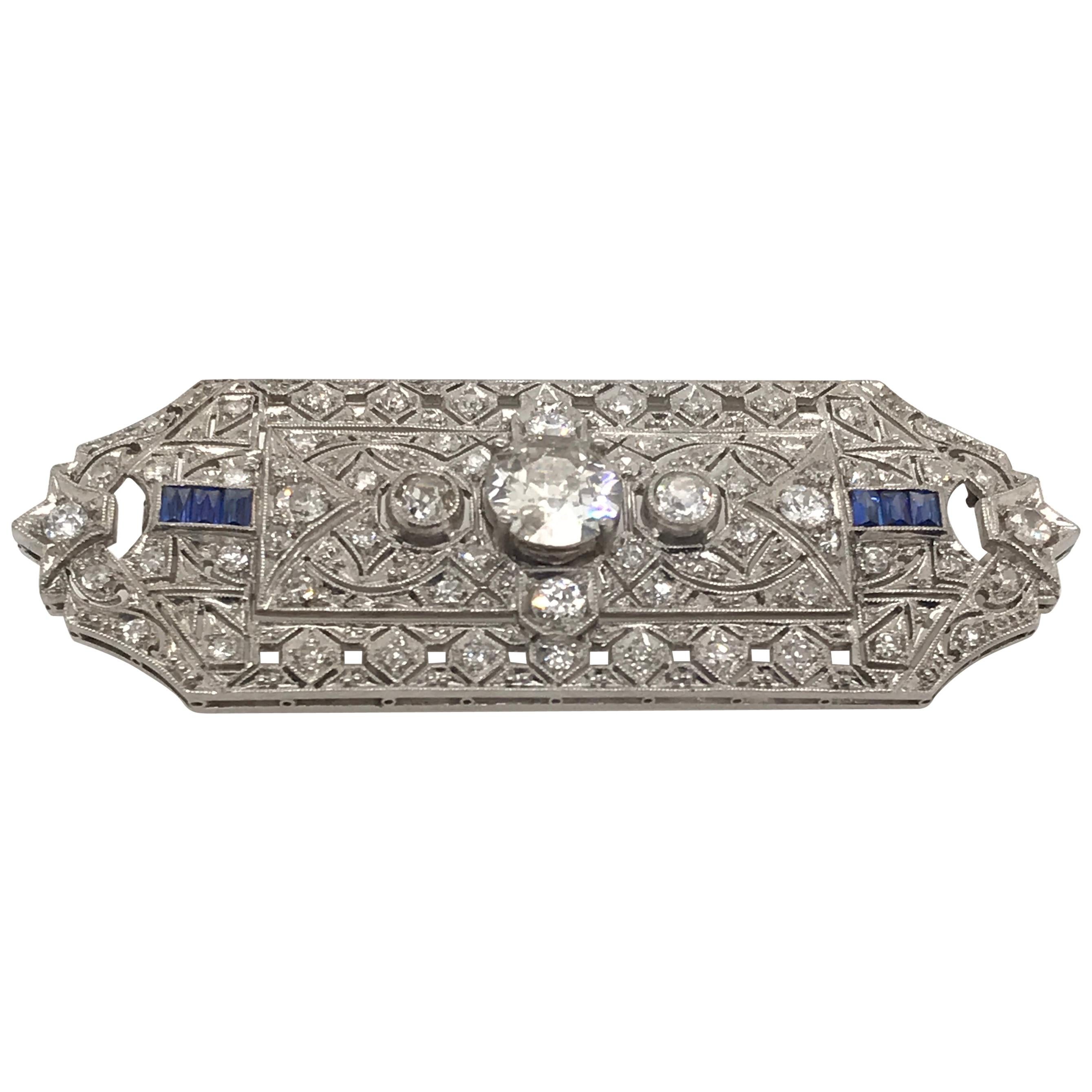 Edwardian Old Cut Diamond and Sapphire Hand Pierced Brooch in Platinum