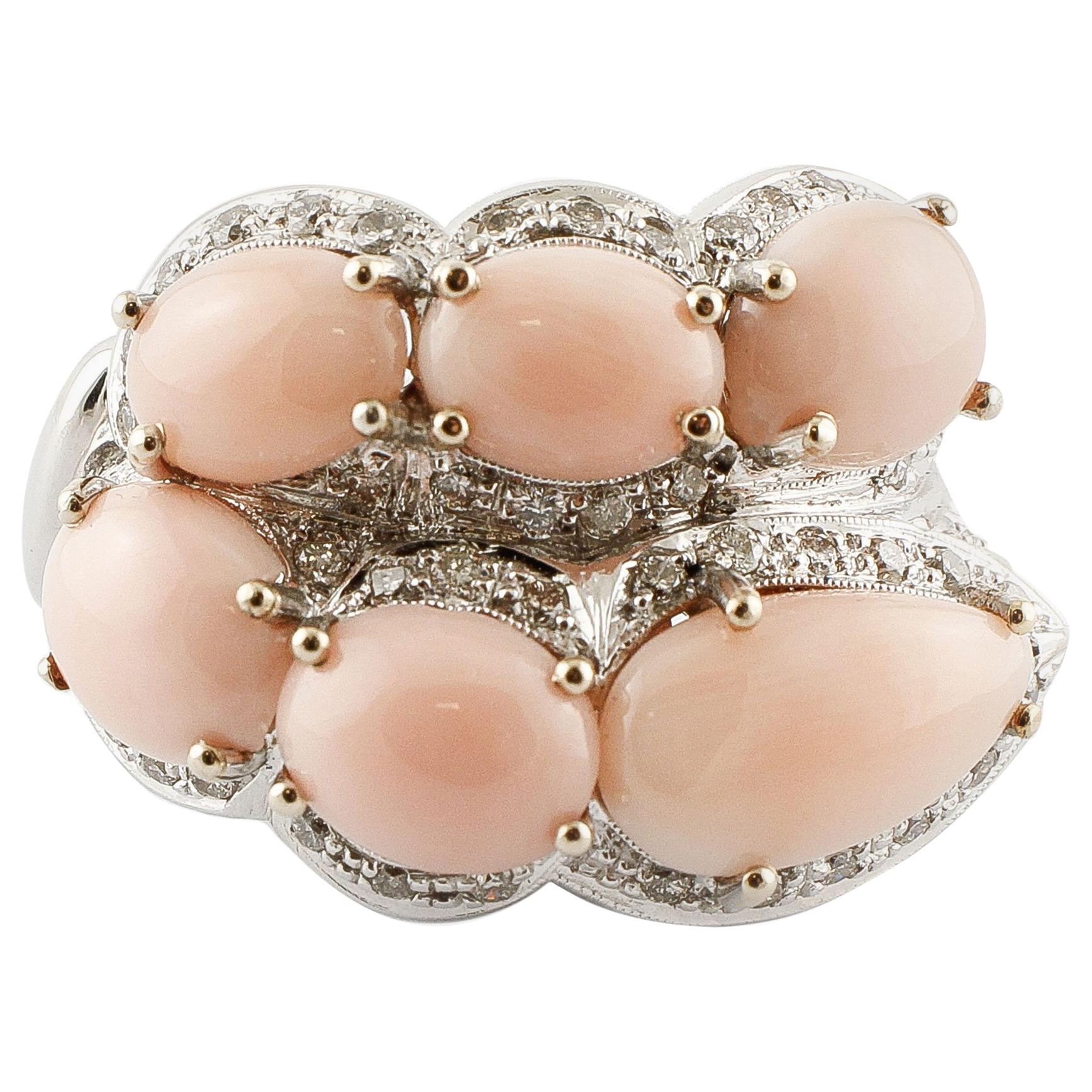Pink Coral  Drops, Diamonds, White Gold Ring