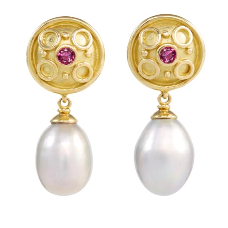 18 Carat Yellow Gold Ruby and Freshwater Pearl Drop Earrings
