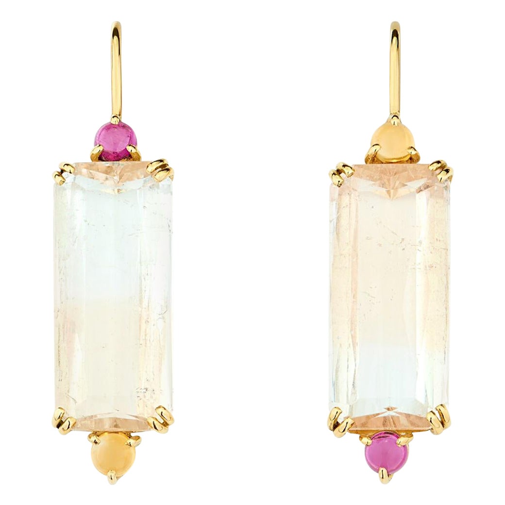 Dubini Theodora Emerald Cut Bi-Colored Beryl Rhodolite Citrine 18K Gold Earrings