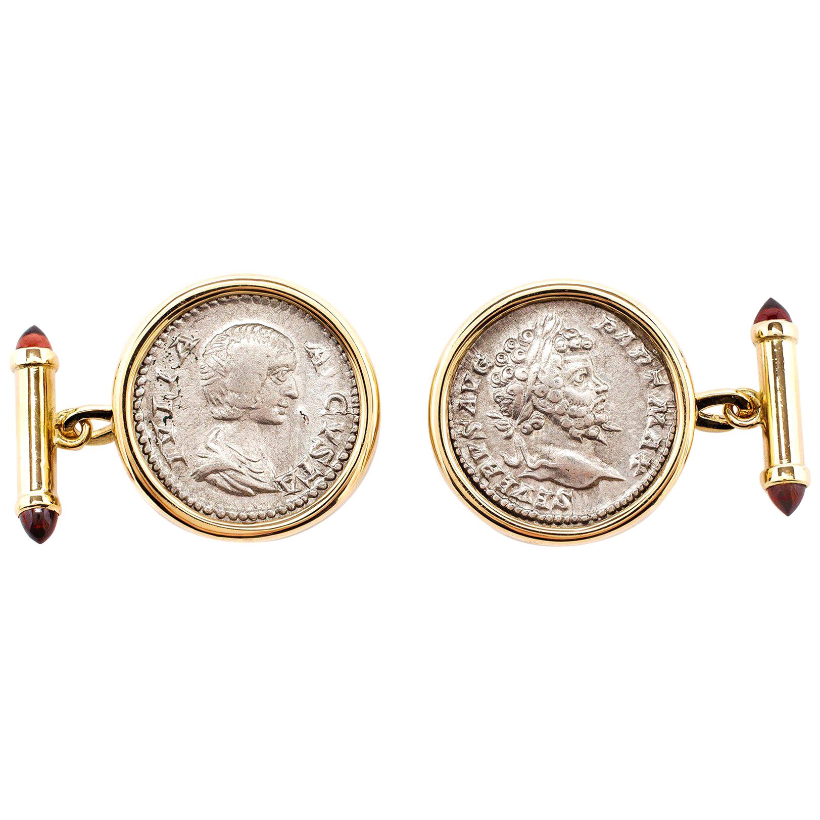 Dubini Empires Roman Ancient Silver Denarius Coin Garnet 18K Gold Cufflinks