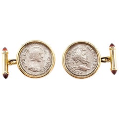 Gemelli Dubini Empires Roman Ancient Silver Denarius Coin Garnet 18K Gold