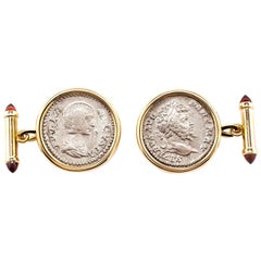 Dubini Empires Roman Ancient Argent Denarius Coin Garnet 18K Gold Cufflinks