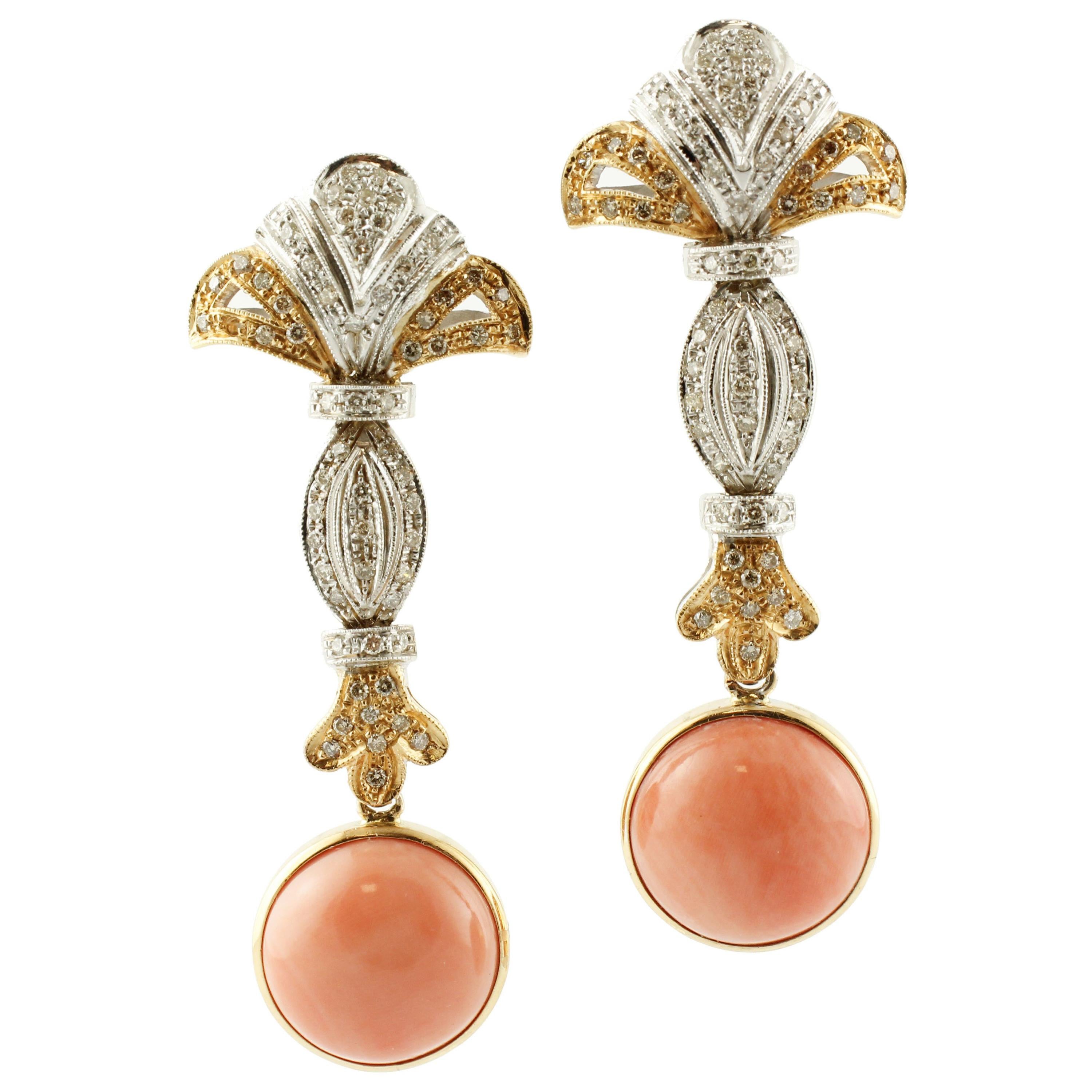 Coral Secundum, Diamonds, White and Yellow Gold, Retro Dagling Earrings