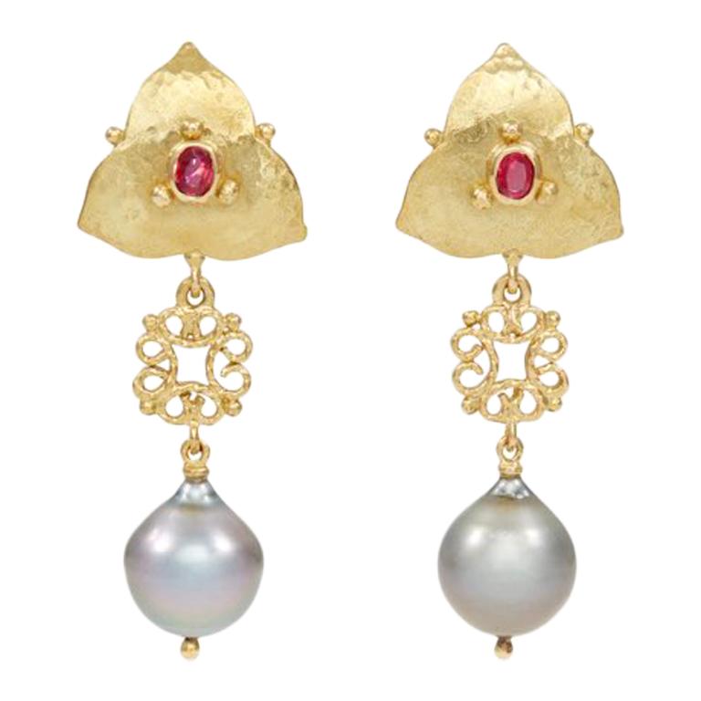 18 Carat Gold Ruby and Natural Tahitian Pearl Earrings