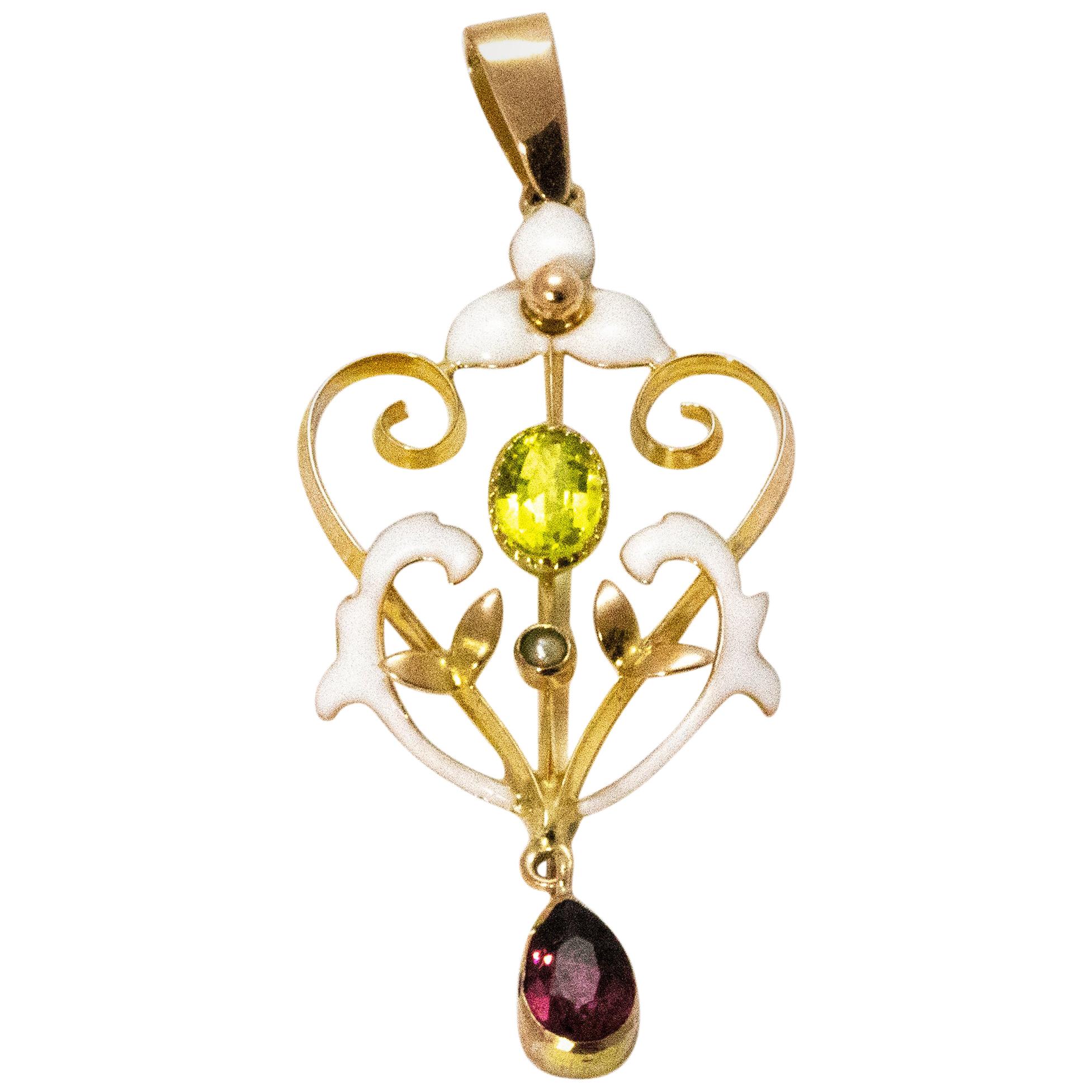 Vintage Peridot and Amethyst Enamel 9 Carat Gold Suffragette Pendant