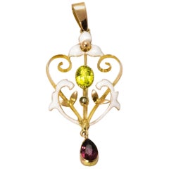 Vintage Peridot and Amethyst Enamel 9 Carat Gold Suffragette Pendant