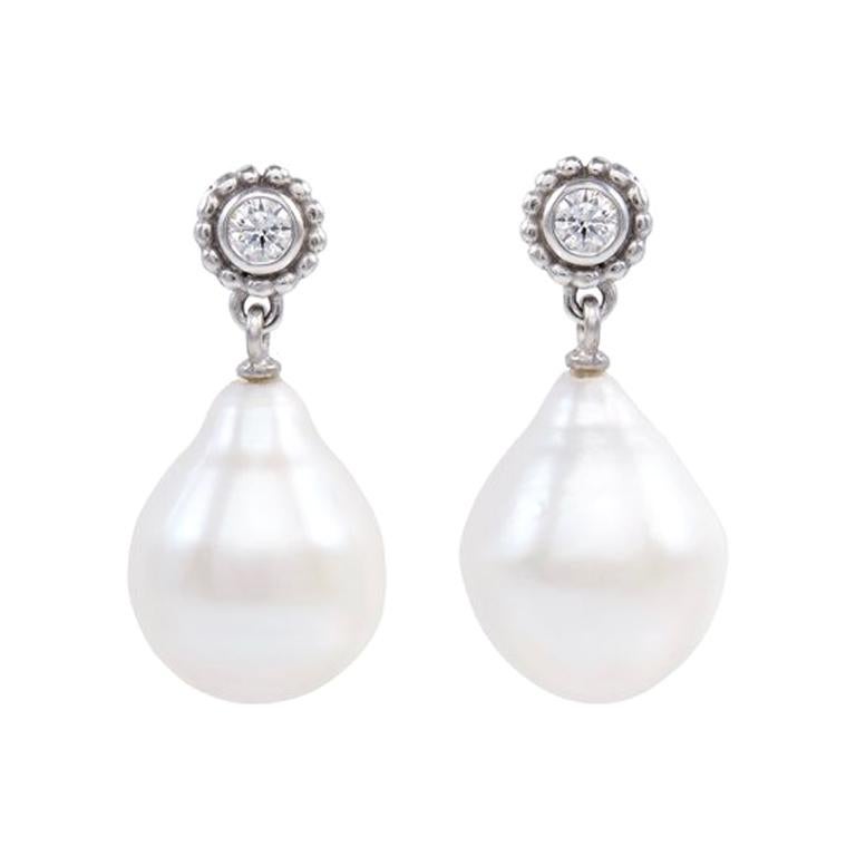 White Gold Granulated Diamond Freshwater Pearl Drop Earrings