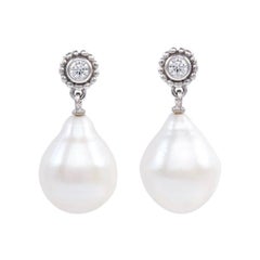 White Gold Granulated Diamond Freshwater Pearl Drop Earrings