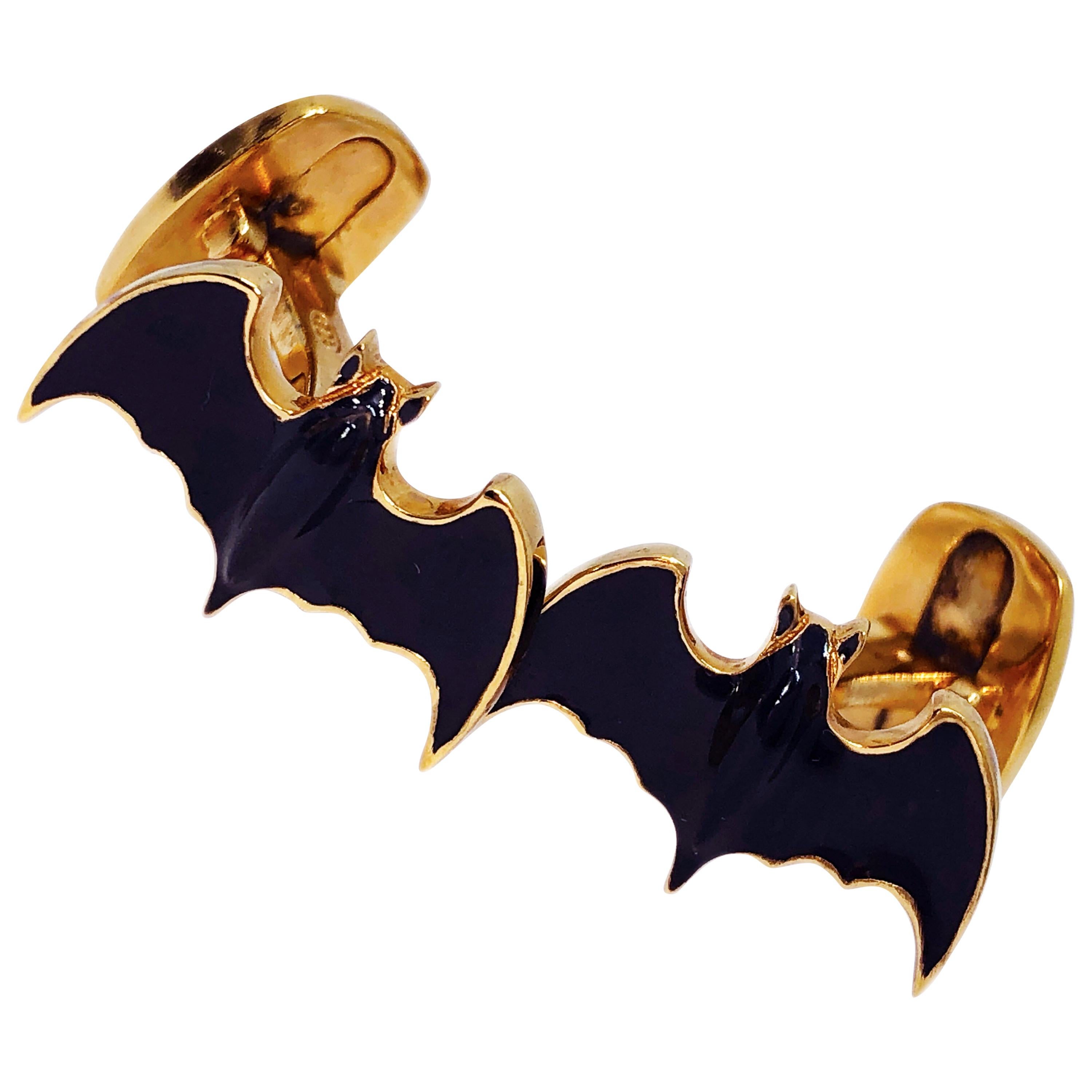 Berca Dark Grey Hand Enameled Bat Shaped Sterling Silver Gold-Plated Cufflinks