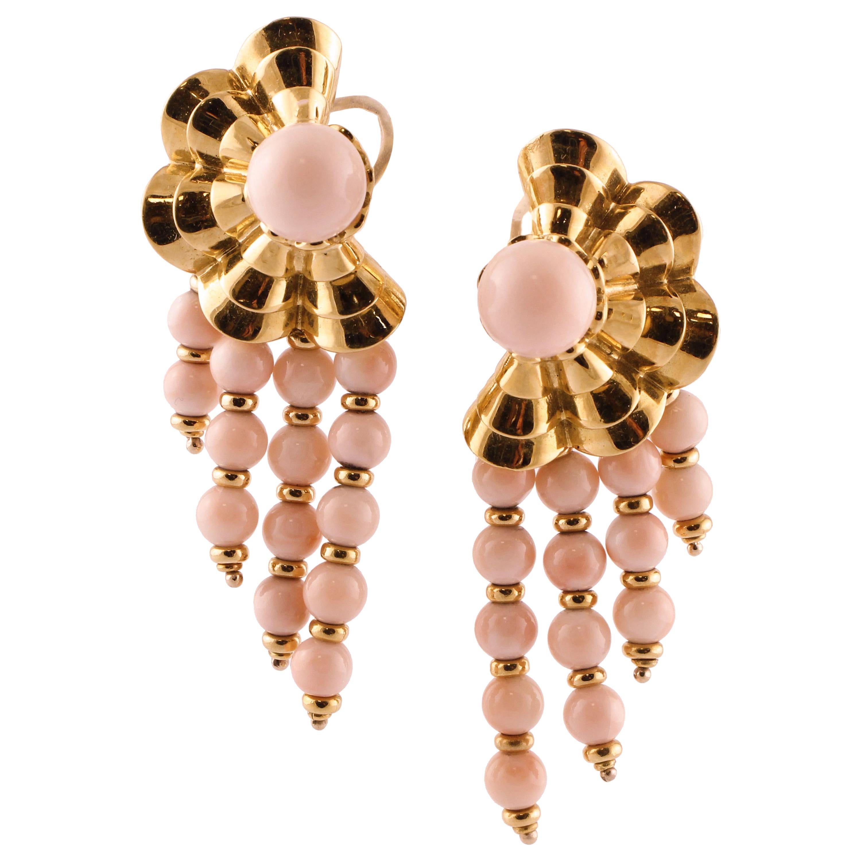 Pink Coral Spheres, 18K Yellow Gold Retrò Dangle/Clip-on Earrings