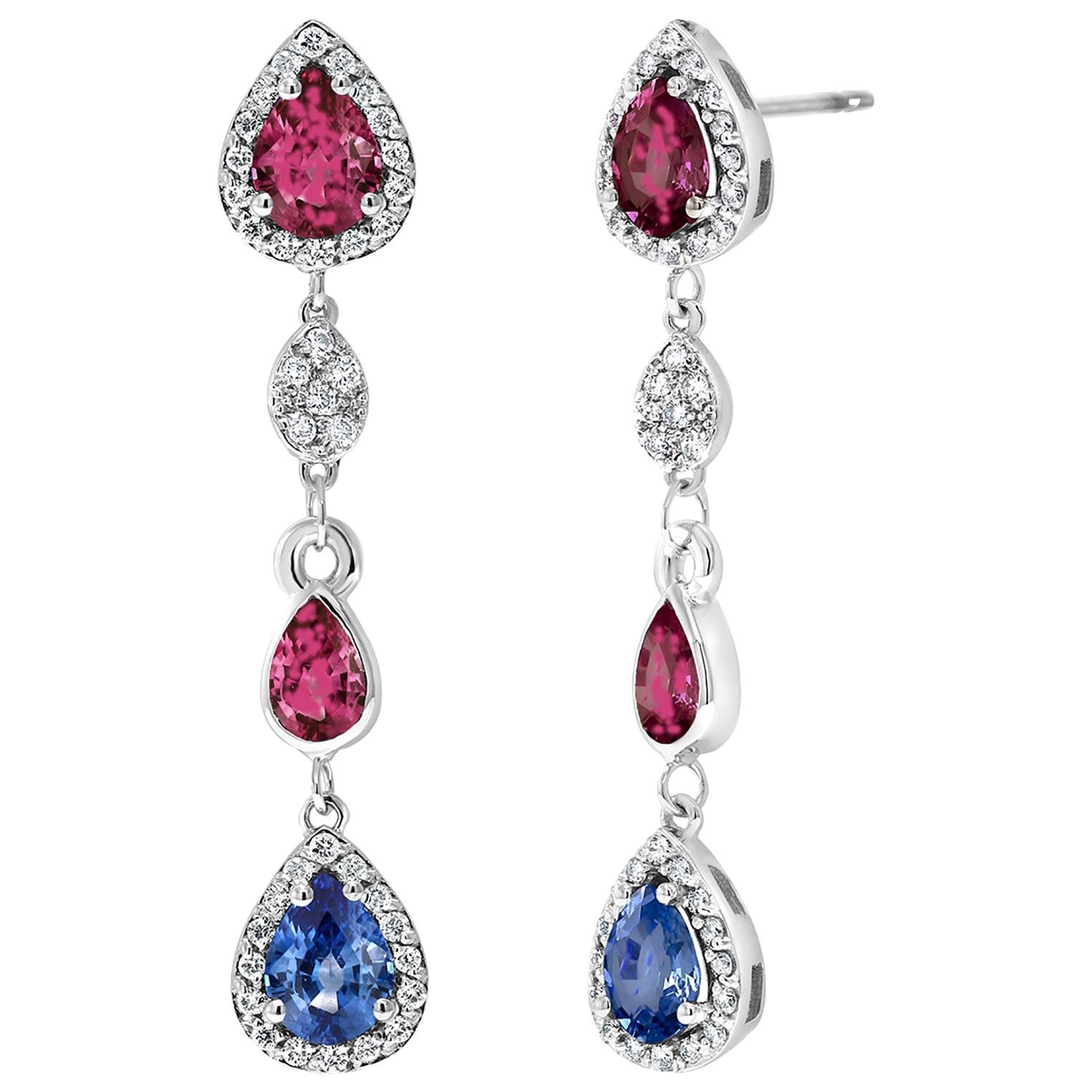 Diamond Earrings with Ruby and Sapphire Drops Weighing 4.96 Carat 