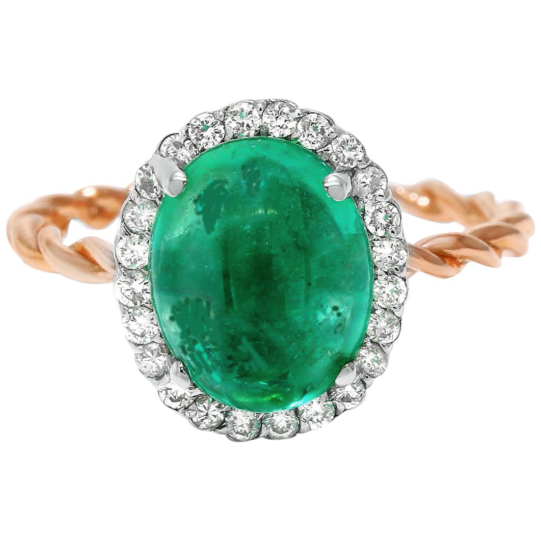 Contemporary Cabochon Emerald Diamond Rose and White Gold Cluster Ring Weighing 3.42 Carat