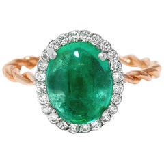 Cabochon Emerald Diamond Rose and White Gold Cluster Ring Weighing 3.42 Carat