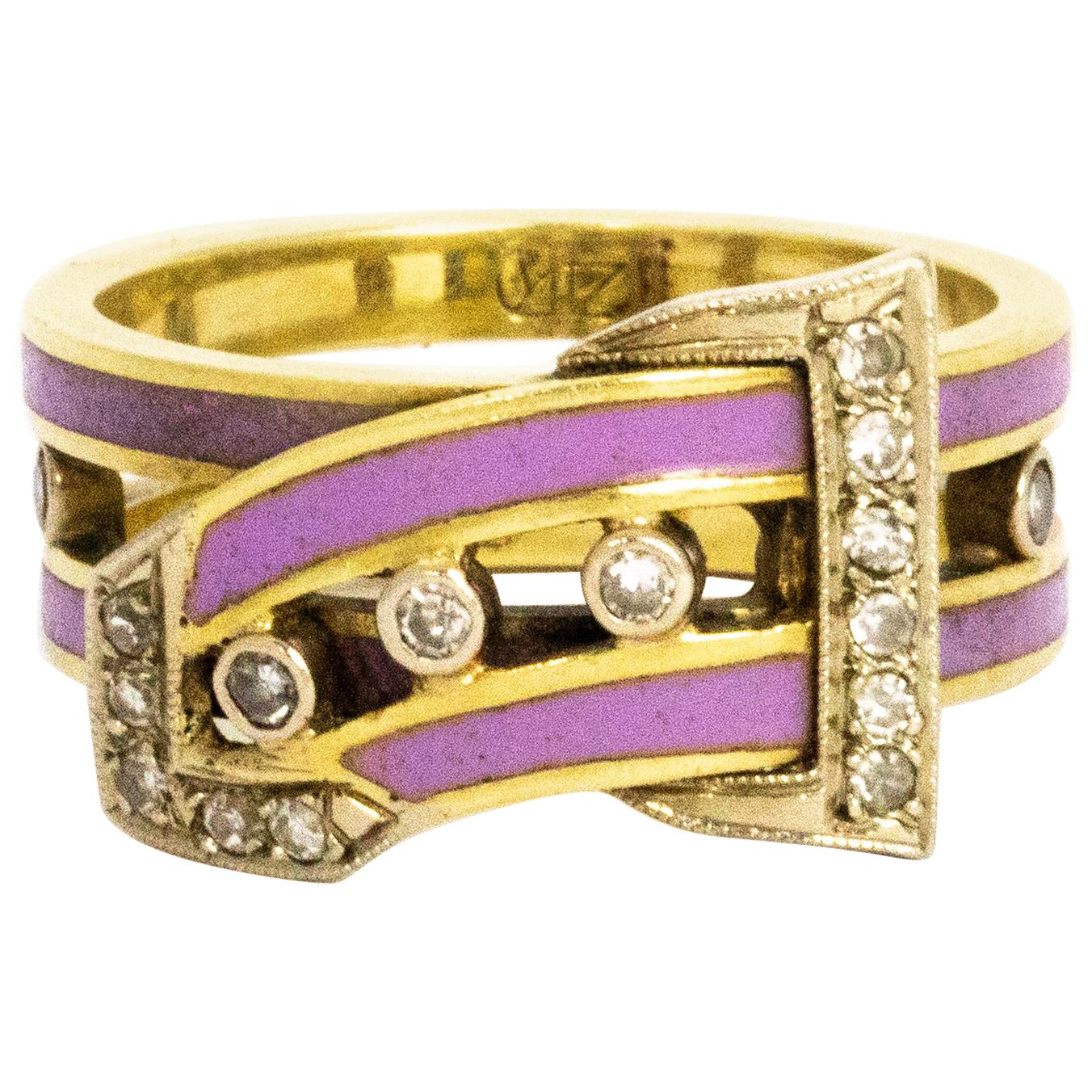 Vintage Diamond Enamel 14 Carat Gold Buckle Ring For Sale