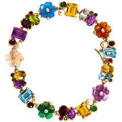 Art Nouveau Diamond Ruby Emerald Sapphire Pearl Yellow Gold Flowers Bracelet