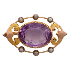 Antique Art Nouveau Gold Amethyst & Pearl Lace Pin Brooch, circa 1900