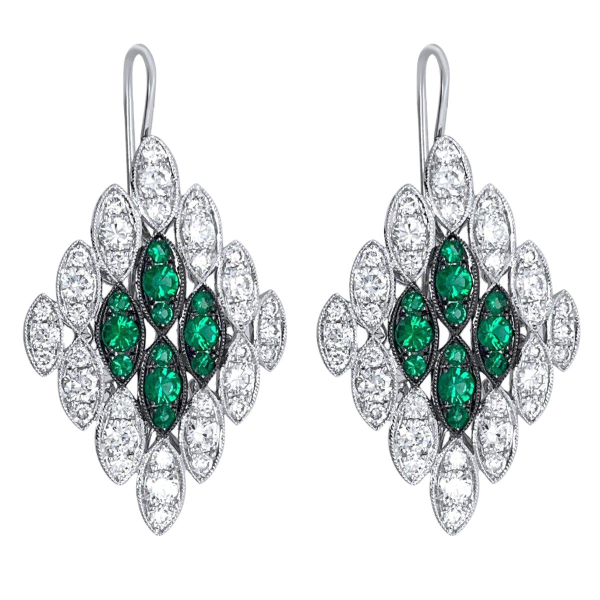 18K White Gold Diamond and Emerald Earrings For Sale