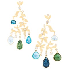 Chandelier Earrings with Diamonds, Aquamarines, Blue Tourmalines and Topaz Drops