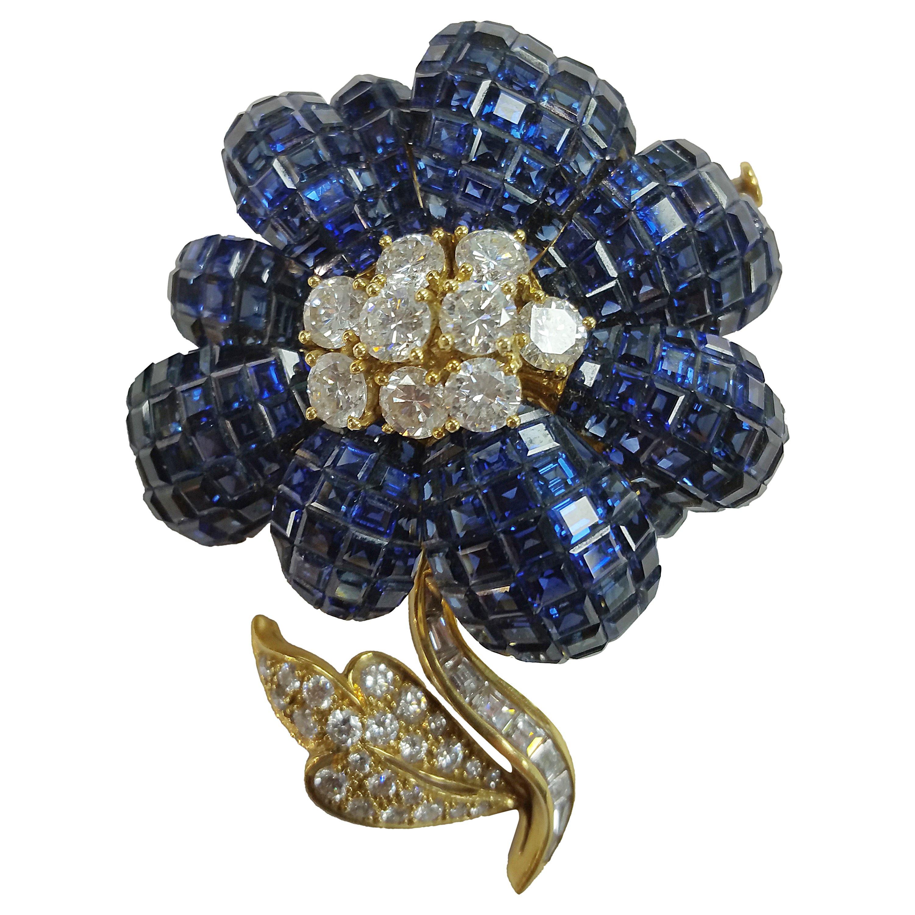 Invisible Set Sapphire Diamond Gold Floral Brooch