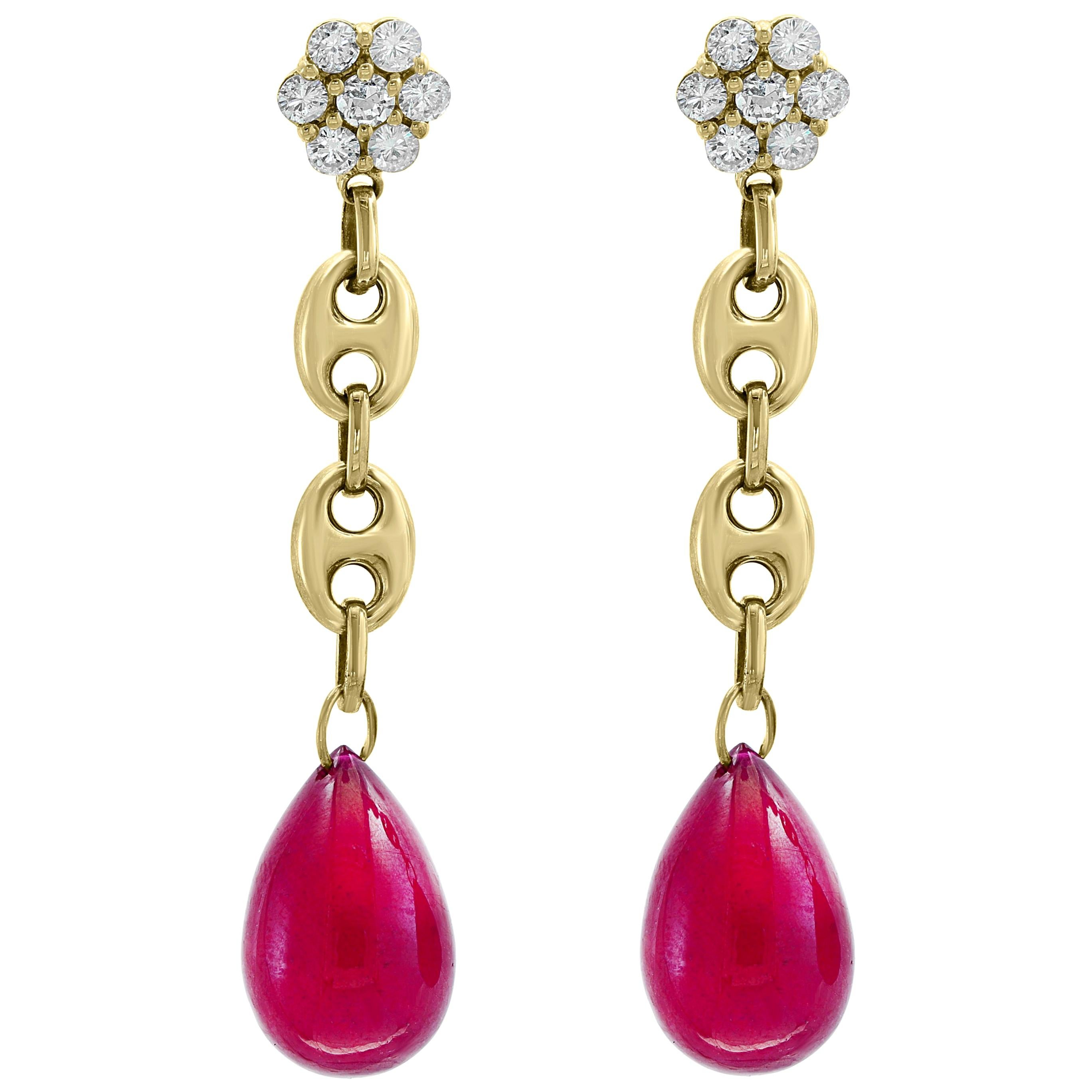 45 Carat Ruby Drop and Diamond Hanging/Chandelier Earrings 14 Karat Yellow Gold