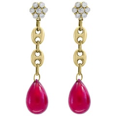 Boucles d'oreilles pendantes/lustres en or jaune 14 carats avec rubis 45 carats et diamants