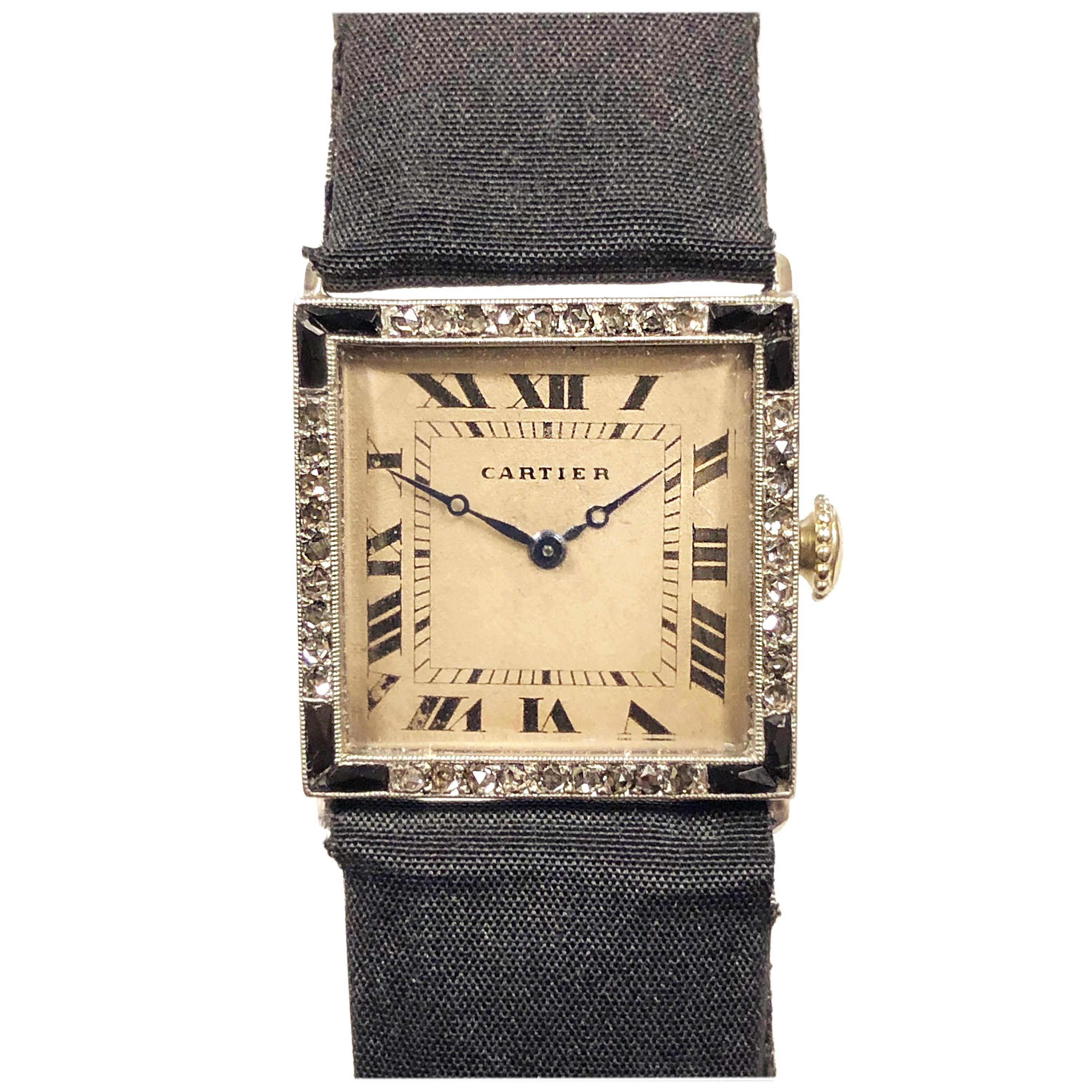 Cartier Ladies 1920s Platinum Diamond and Onyx EWCC Wristwatch