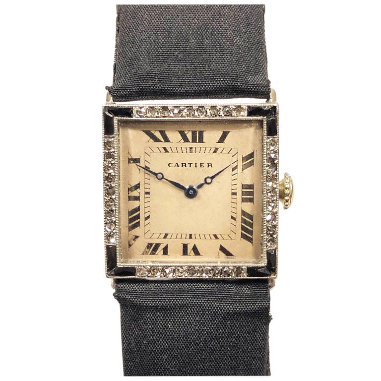Cartier Ladies 1920s Platinum Diamond and Onyx EWCC Wristwatch at 1stDibs