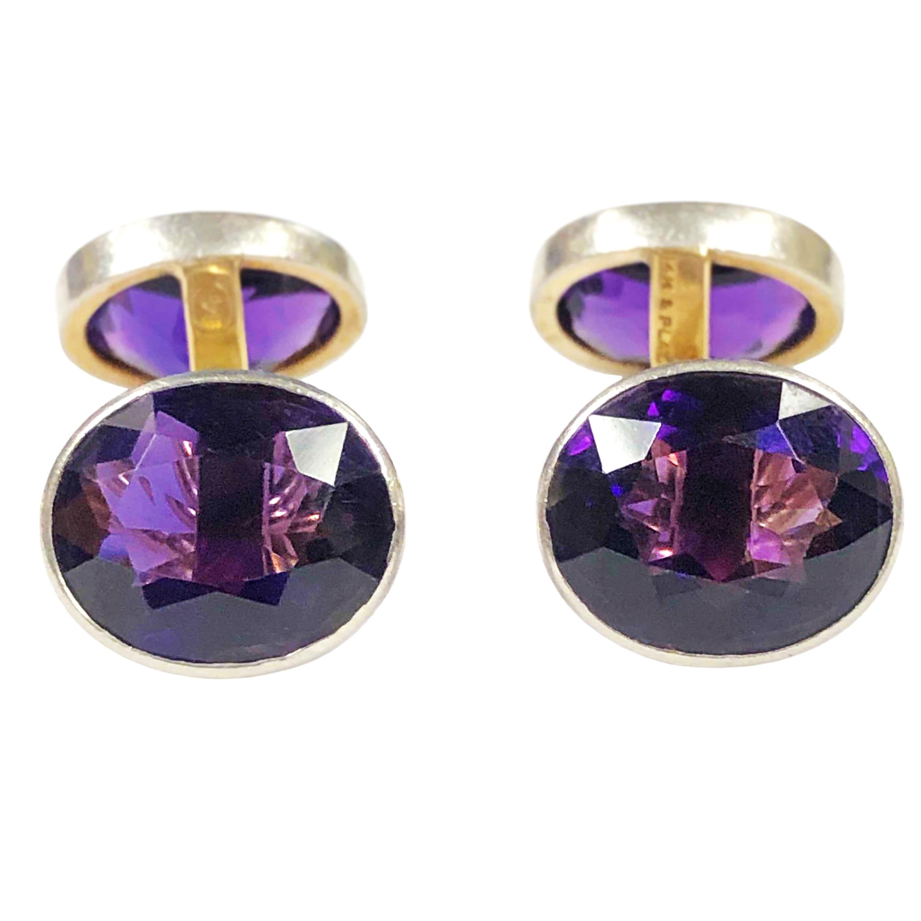 Antique Black Star and Frost Platinum Gold and Amethyst Cufflinks