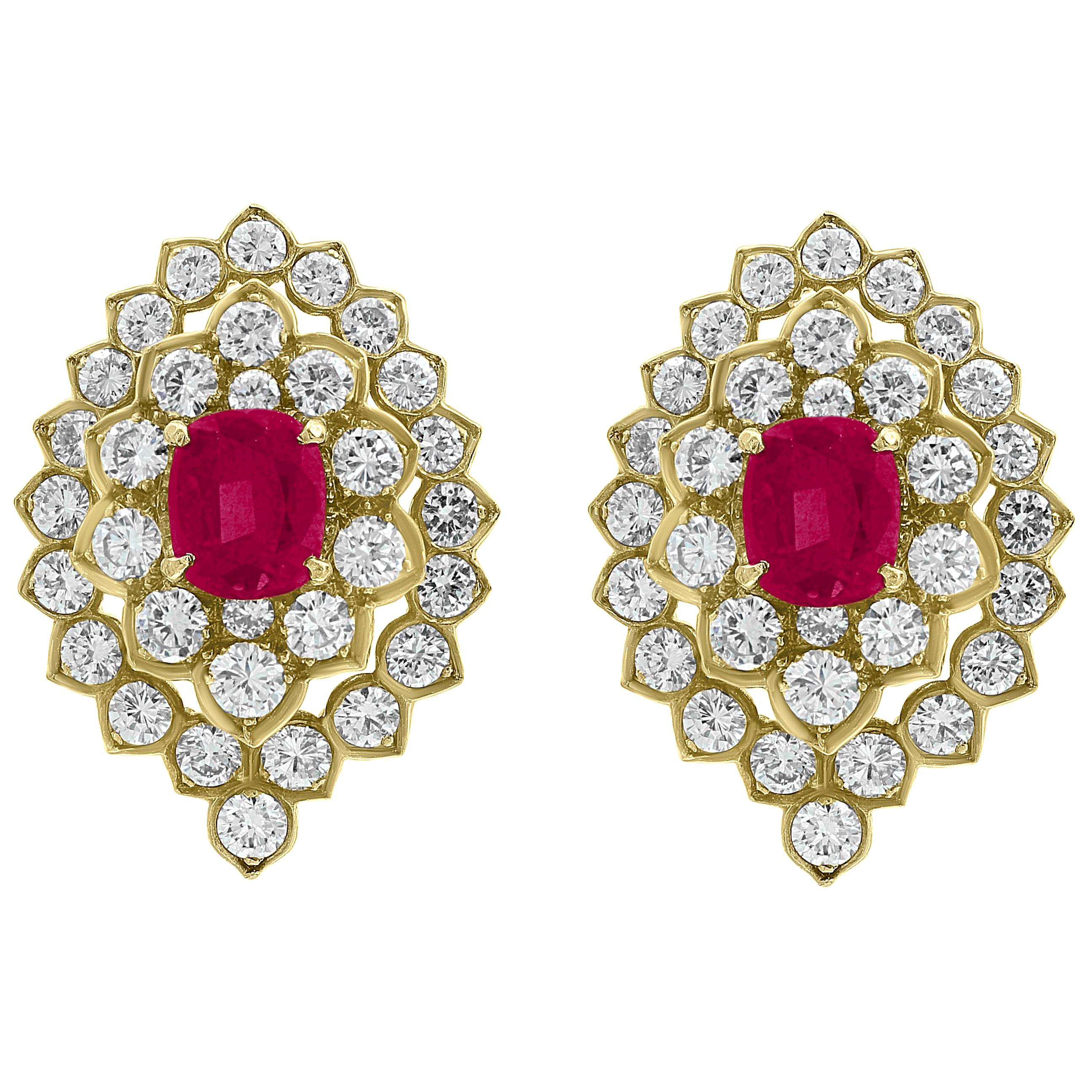Ruby and 10 Carat VS Diamonds Stud/ Clip Earrings 18 Karat Yellow Gold For Sale