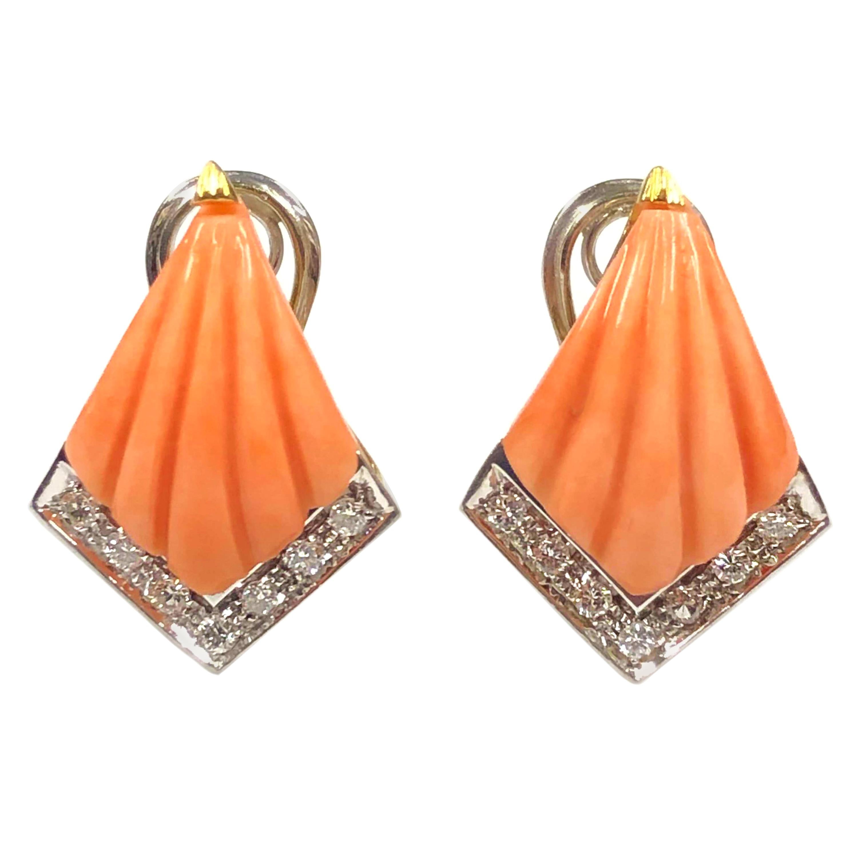 Coral Diamond, White and Yellow Gold Earrings