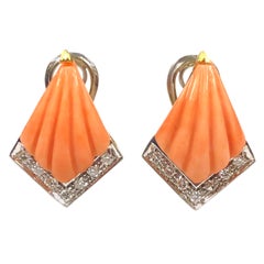 Coral Diamond, White and Yellow Gold Earrings