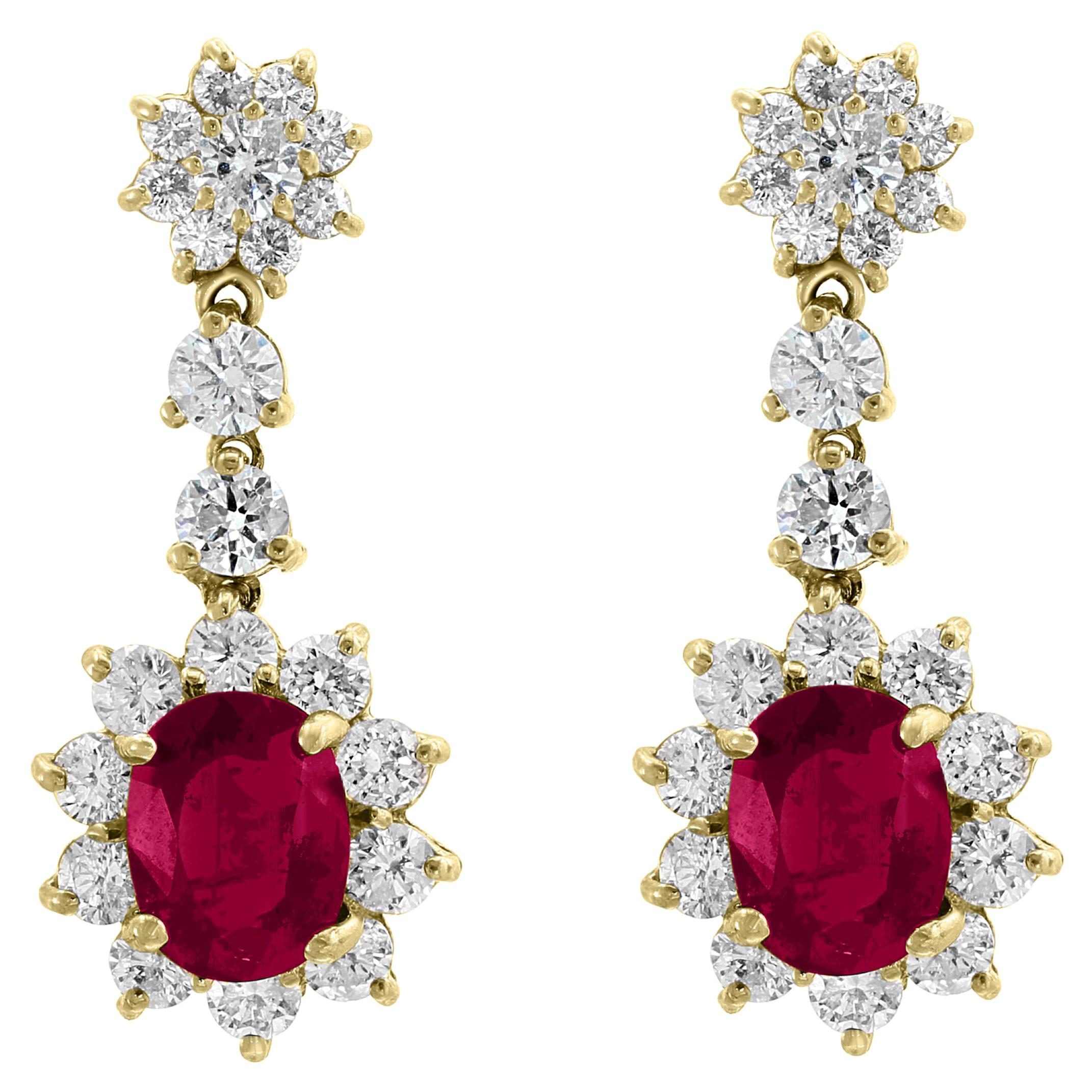 5.5 Carat Ruby and 5 Carat Diamond Hanging or Chandelier Earrings 18 Karat Gold