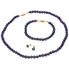 14 Karat Yellow Gold Black Freshwater Pearl Necklace, Bracelet and Earring Set